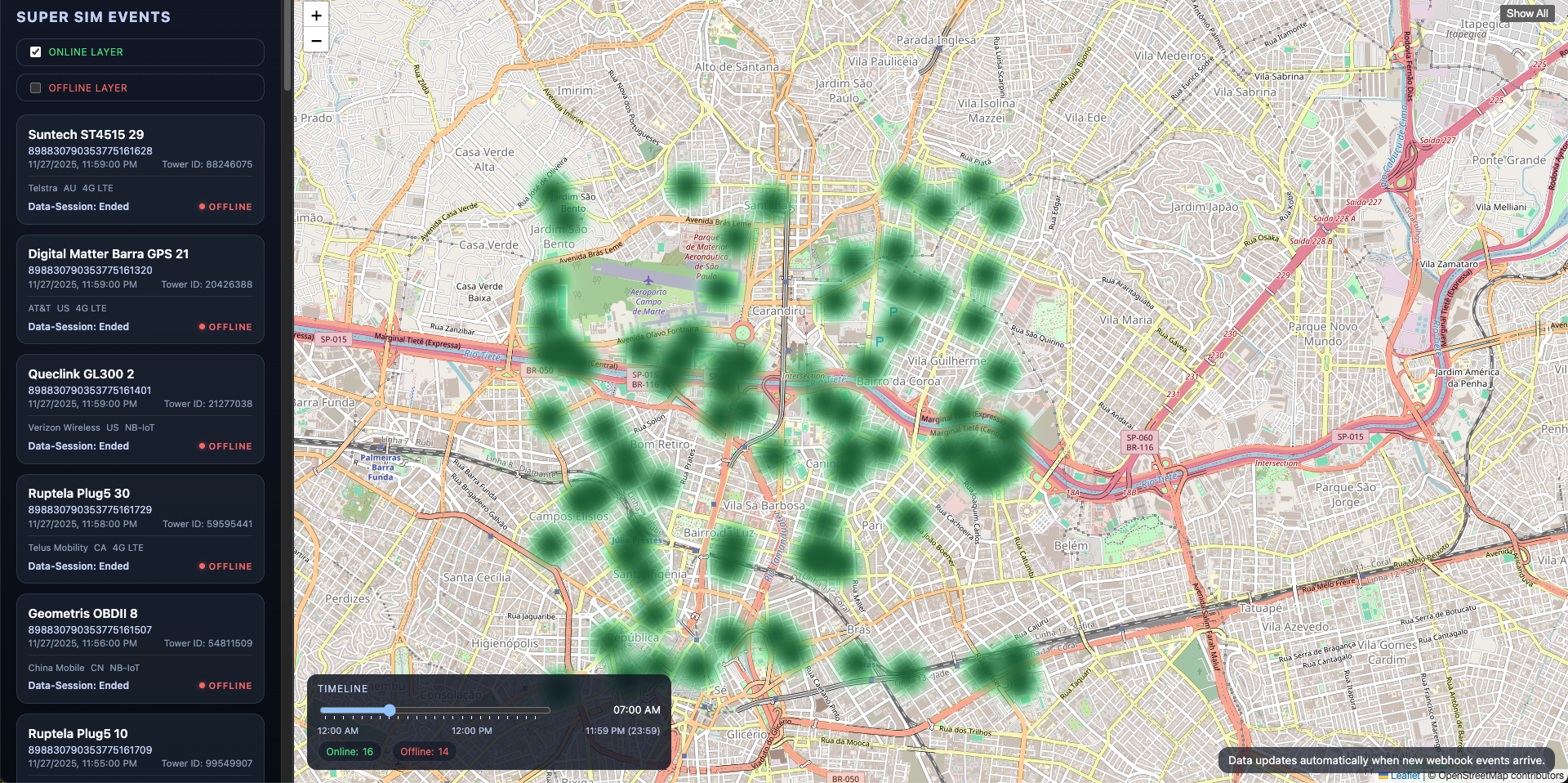 Heatmap displaying only online devices filtered by timeline with green indicators
