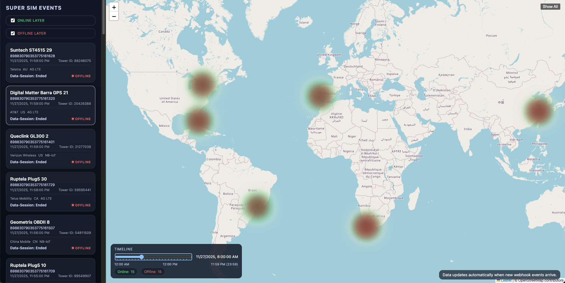 Zoomed heatmap view showing all device locations and connection towers at maximum zoom level