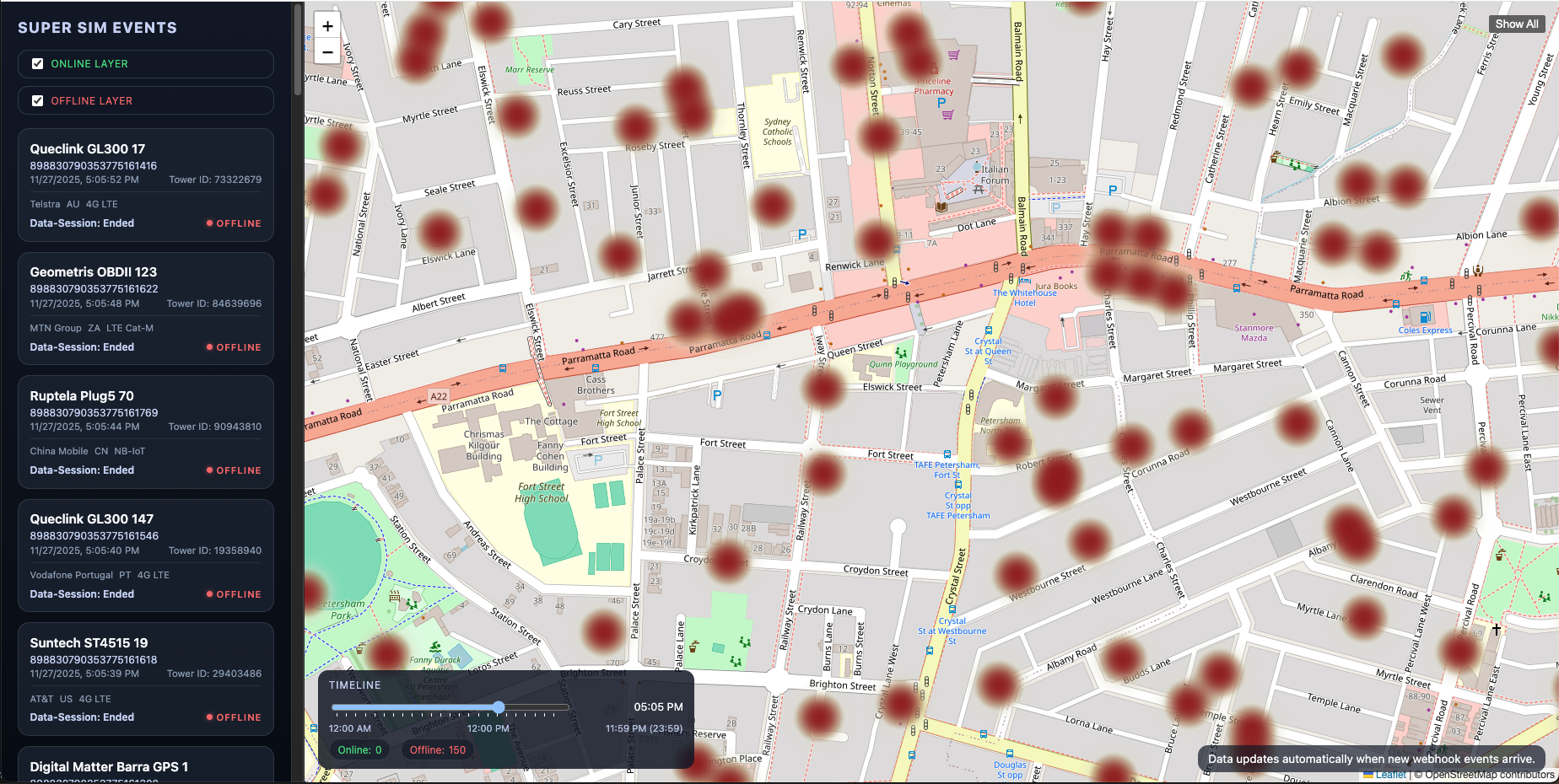 Interactive heatmap showing SUPER SIM device locations with online and offline status indicators