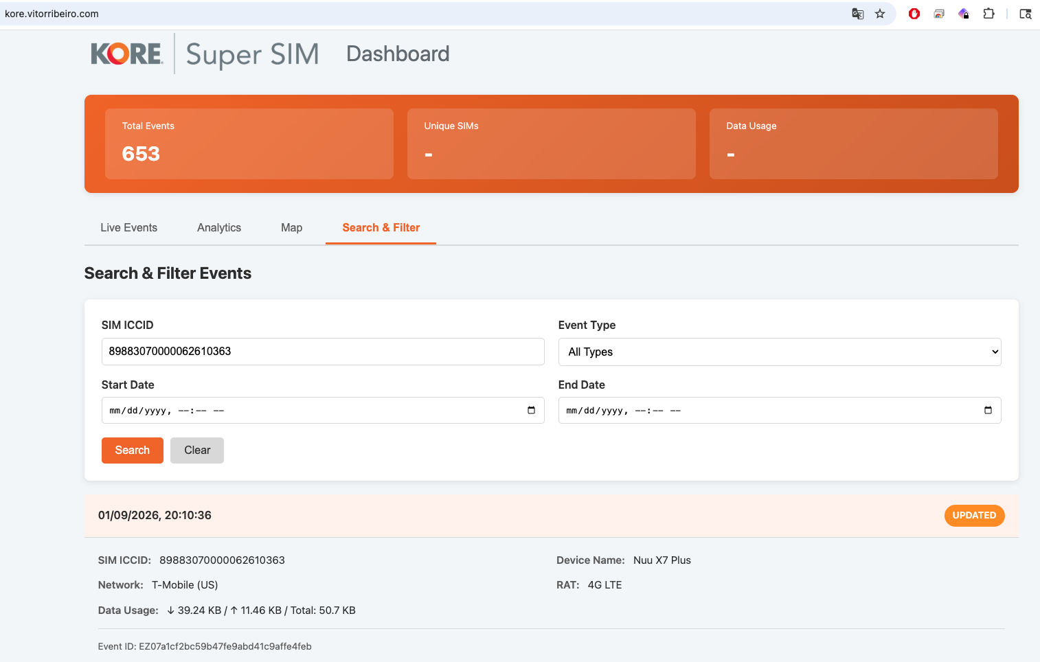 KORE SUPER SIM Dashboard - Search